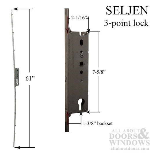 Seljan 3 hook Lock, 1-3/8 backset - Sliding Vinyl Door Multipoint Lock