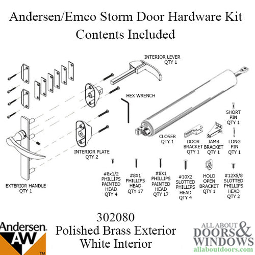 Andersen/ Emco Storm Door Hardware Kit - Brass Exterior, White Interior - Andersen/ Emco Storm Door Hardware Kit - Brass Exterior, White Interior