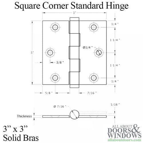 Door Hinge 3 x 3 inch, Square Radius Corners, Standard, Solid Brass - Choose Color - Door Hinge 3 x 3 inch, Square Radius Corners, Standard, Solid Brass - Choose Color