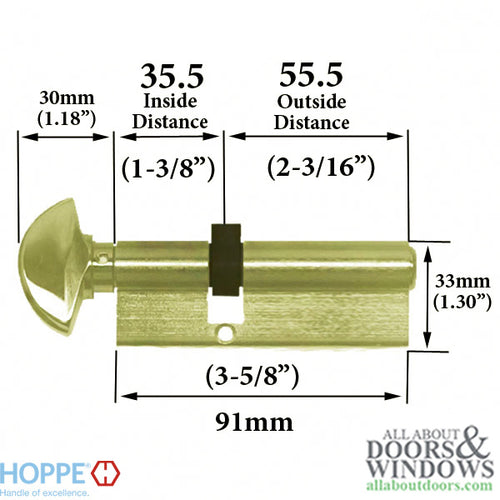 35.5 / 55.5 HOPPE Non-Logo 90 Profile Cylinder Lock - 35.5 / 55.5 HOPPE Non-Logo 90 Profile Cylinder Lock