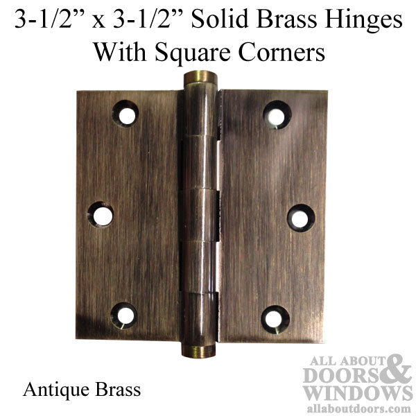 3.5 x 3.5 inch, Square Corners, Solid Brass Hinges, Pairs, Antique Brass - 3.5 x 3.5 inch, Square Corners, Solid Brass Hinges, Pairs, Antique Brass