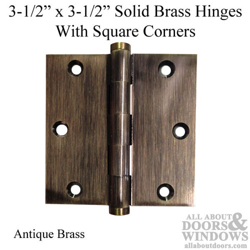 3.5 x 3.5 inch, Square Corners, Solid Brass Hinges, Pairs, Antique Brass - 3.5 x 3.5 inch, Square Corners, Solid Brass Hinges, Pairs, Antique Brass
