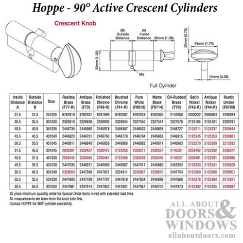 35.5/35.5 Active Keyed HOPPE Non-Logo 90° Profile Cylinder Lock - Brass, Choose Finish - 35.5/35.5 Active Keyed HOPPE Non-Logo 90° Profile Cylinder Lock - Brass, Choose Finish