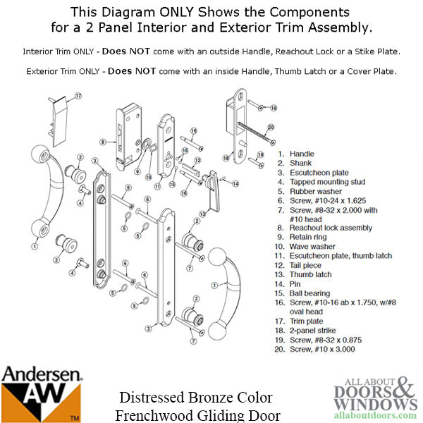 Andersen Frenchwood Gliding Door Trim Hardware, Encino, 2 Panel Exterior ONLY - Distressed Bronze - Andersen Frenchwood Gliding Door Trim Hardware, Encino, 2 Panel Exterior ONLY - Distressed Bronze