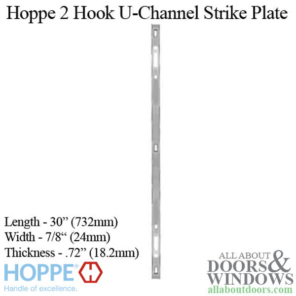 Hoppe 2 Point Sliding Door Lock Strike - U-Channel, 24mm Face, 18.2mm Thick, 30