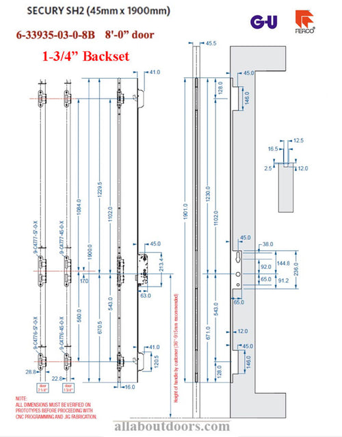 16mm Secury SH2 Rhino  with radius ends and anti-slam device for latch, 45/92, 8'-0