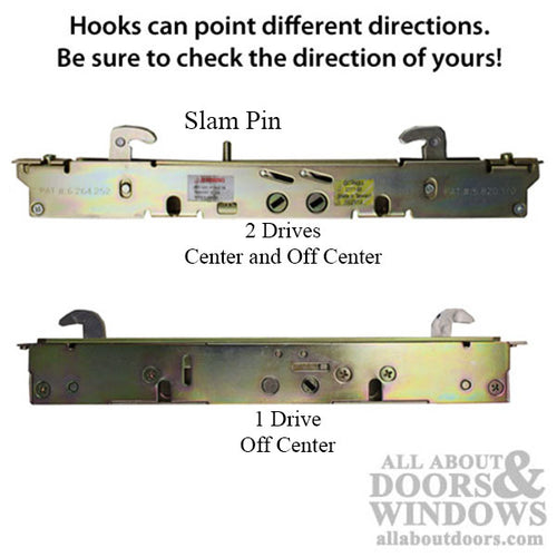 2-point Double Hook Sliding door lock, Center Drive, No Faceplate - Choose Material - 2-point Double Hook Sliding door lock, Center Drive, No Faceplate - Choose Material