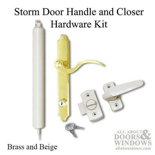 Discontinued - Complete Storm Door Hardware Kit with Handle & Closer - Brass and Beige