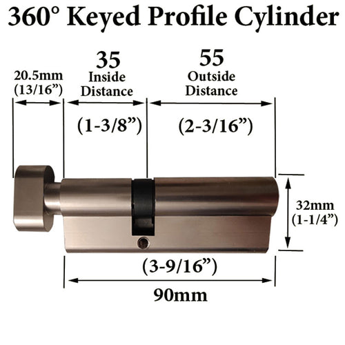 35 / 55, European Y1 360 Profile Cylinder - Choose Finish - 35 / 55, European Y1 360 Profile Cylinder - Choose Finish