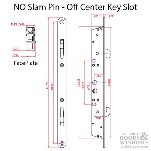 Double Hook Mortise lock for sliding doors, Off Center Hole, NO Slam Pin - YDI - Double Hook Mortise lock for sliding doors, Off Center Hole, NO Slam Pin - YDI