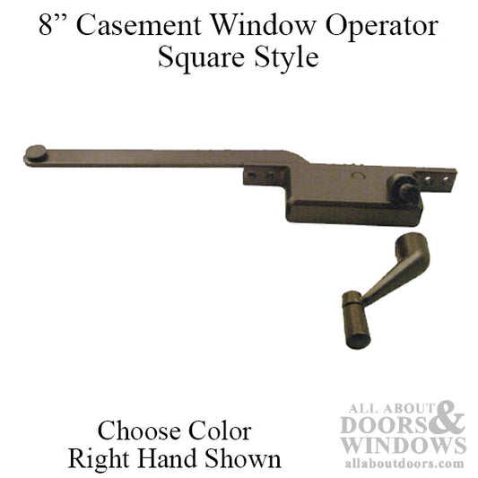 Casement Window Operator, 8" arm, Right Hand, Square Body, Steel Casement - Bronze
