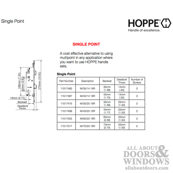 Hoppe Mortise Single Point Lock - 14mm Deadbolt Throw, 16mm Faceplate, 45/92 Gear - Hoppe Mortise Single Point Lock - 14mm Deadbolt Throw, 16mm Faceplate, 45/92 Gear