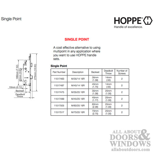 Hoppe Mortise Single Point Lock - 14mm Deadbolt Throw, 16mm Faceplate, 45/92 Gear - Hoppe Mortise Single Point Lock - 14mm Deadbolt Throw, 16mm Faceplate, 45/92 Gear