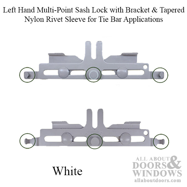 LH Multi-Point Sash Lock with Bracket & Tapered Nylon Rivet Sleeve for Tie Bar Applications - White - LH Multi-Point Sash Lock with Bracket & Tapered Nylon Rivet Sleeve for Tie Bar Applications - White