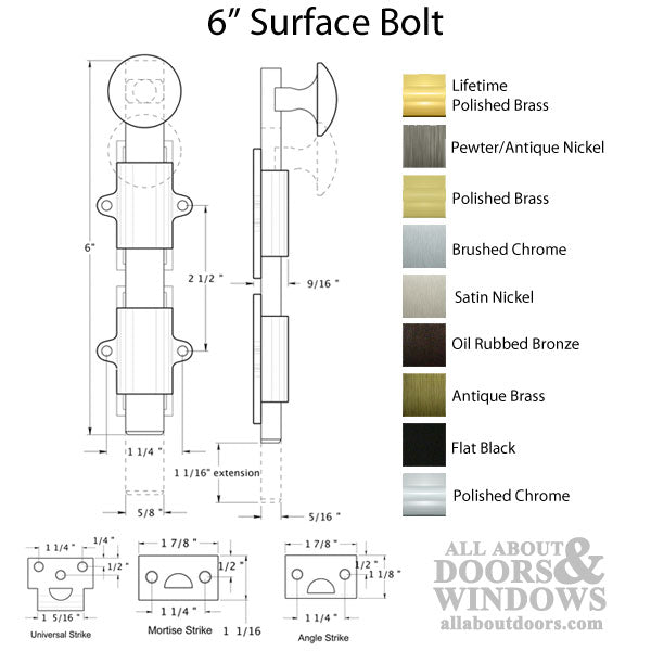 6'' Surface Bolt, Heavy Duty, Solid Brass - Choose Finish - 6'' Surface Bolt, Heavy Duty, Solid Brass - Choose Finish