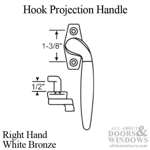 Project-In handle, 1-3/8 screw holes, 1/2” Hook Projection, Right Hand - White Bronze - Project-In handle, 1-3/8 screw holes, 1/2” Hook Projection, Right Hand - White Bronze