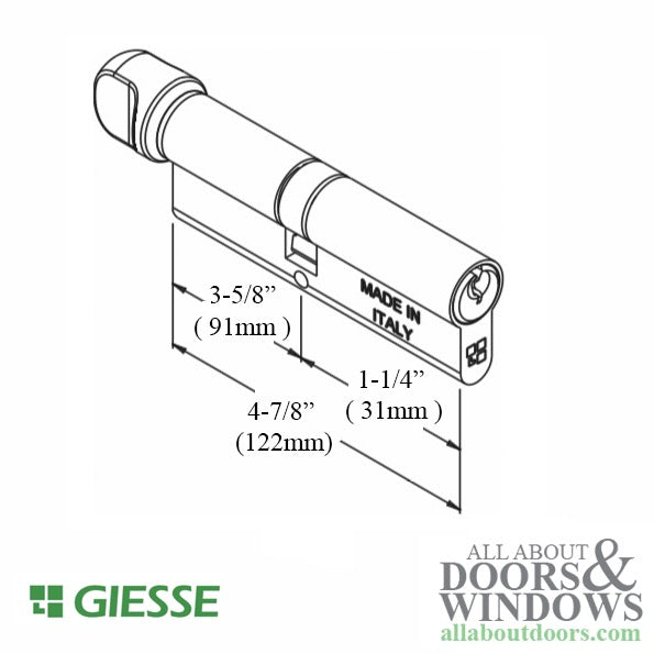 122mm Giesse 91/31  Euro Profile Cylinder w/ Type 2 Knob - 122mm Giesse 91/31  Euro Profile Cylinder w/ Type 2 Knob