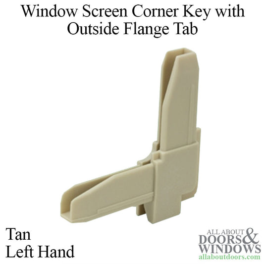 Window Screen Corner Key with Outside Flange Tab, Plastic, Left Hand - Tan