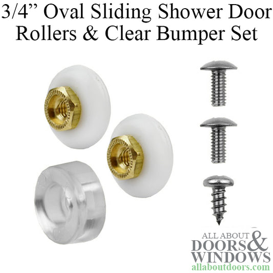 3/4 Inch Oval Sliding Shower Door Rollers and Clear Bumper Set