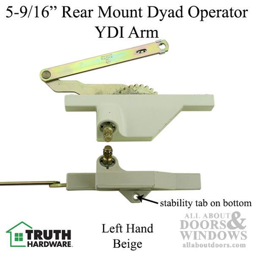 Rear Mount Dyad Casement Operator with Stability Tab, 5-9/16  YDI Arm, Left Hand - Beige - Rear Mount Dyad Casement Operator with Stability Tab, 5-9/16  YDI Arm, Left Hand - Beige