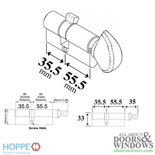 55.5/35.5 Hoppe Non Logo 90° Active Keyed Euro Profile Cylinder, Crescent Knob - 55.5/35.5 Hoppe Non Logo 90° Active Keyed Euro Profile Cylinder, Crescent Knob