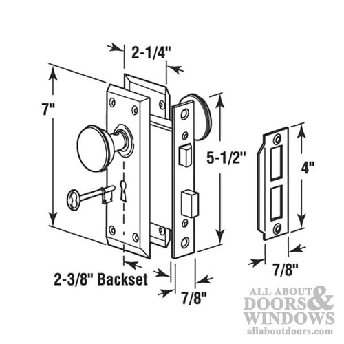 Caselock - Mortise Assembly 2-1/4 BS, Keyed - Brass - Caselock - Mortise Assembly 2-1/4 BS, Keyed - Brass