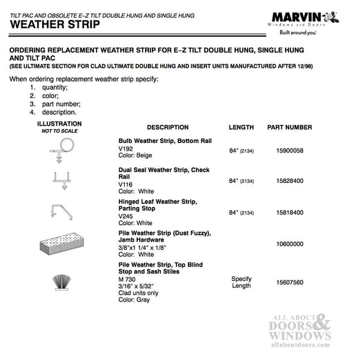 Marvin Single & E-Z Tilt Double Hung, Tilt Pac Weatherstrip V116 - White - Marvin Single & E-Z Tilt Double Hung, Tilt Pac Weatherstrip V116 - White