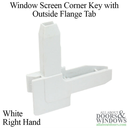 Window Screen Corner Key with Outside Flange Tab, Plastic, Right Hand - White