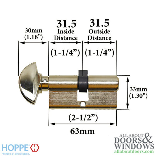 31.5/31.5  HOPPE Non Logo 90° Keyed Profile Cylinder Lock, Solid Brass - 31.5/31.5  HOPPE Non Logo 90° Keyed Profile Cylinder Lock, Solid Brass