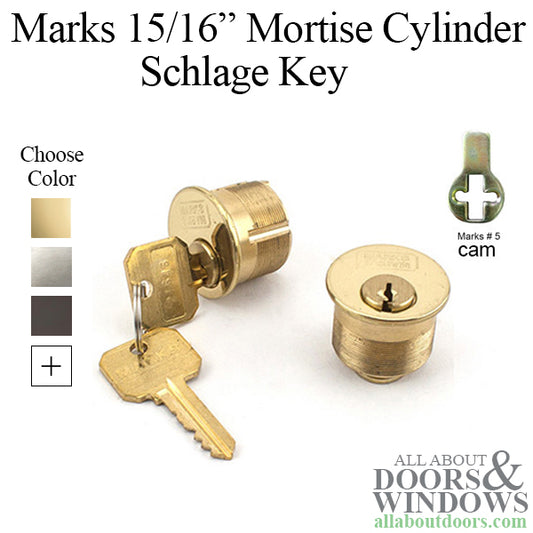 Marks 15/16" Mortise Cylinder, Threaded Schlage Key - Choose Color