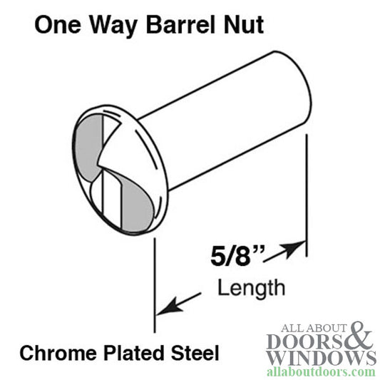 One Way Barrel Nut 0.625 Inch Length Chrome Plated Steel