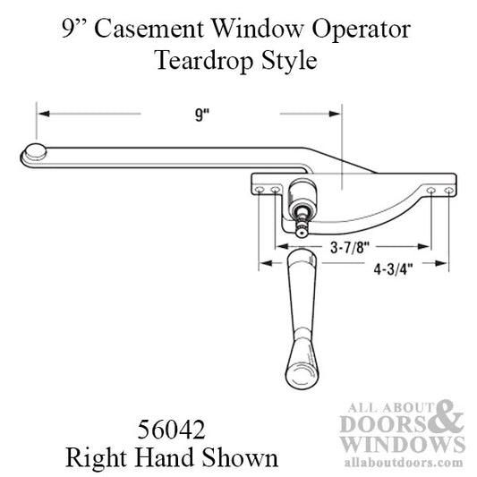 9 Inch Arm Steel Casement Window Operator, teardrop style, Right hand - Choose Color