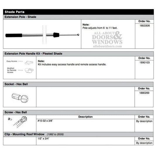 Extension Pole, Pleated Shade Roof Window - Aluminum