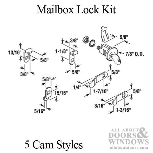 Mailbox Lock Kit, 5 cam styles, Nickel