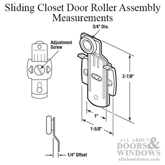 Sliding closet door roller assembly with 3/4" wheel, 1/4" offset; Sterling Hardware Sliding Rollers