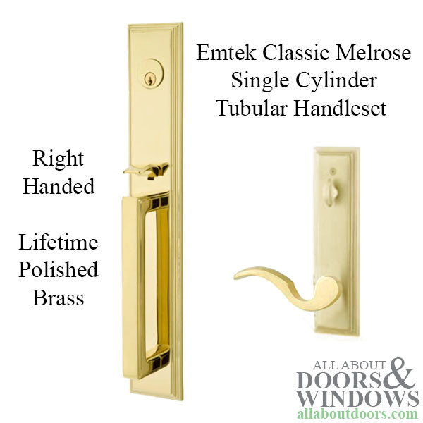 Emtek Classic Melrose 4202 Full Length Int. & Ext. Single Cylinder Tubular Handleset - Right Handed - Lifetime Polished Brass - Emtek Classic Melrose 4202 Full Length Int. & Ext. Single Cylinder Tubular Handleset - Right Handed - Lifetime Polished Brass