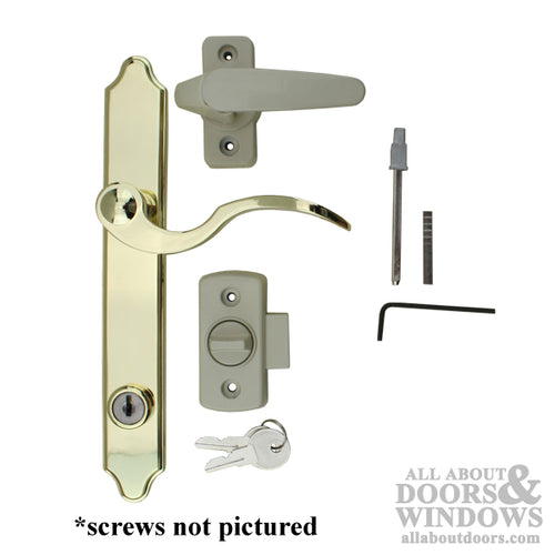 Discontinued - 3-Post Storm Door Handle Set, Brass exterior Lever with Interior Latch & Deadbolt Lock - Tan - Discontinued - 3-Post Storm Door Handle Set, Brass exterior Lever with Interior Latch & Deadbolt Lock - Tan