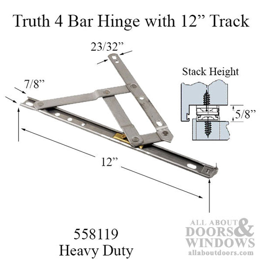 4 Bar Commercial Window Hinge, 7/8 x 12 inch Heavy Duty Window Track, 5/8 Stack, Truth - Stainless Steel
