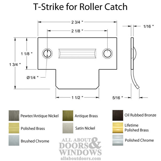 2-3/4\'' T-Strike for Roller Catch, Solid Brass - Choose Finish