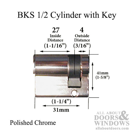 Inactive Keyed 27 / 4 BKS 1/2 Euro Profile Cylinder w/3 keys - Polished Chrome