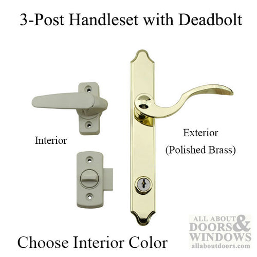 Discontinued - 3-Post Storm Door Handle Set, Brass exterior Lever with Interior Latch & Deadbolt Lock - Tan - Discontinued - 3-Post Storm Door Handle Set, Brass exterior Lever with Interior Latch & Deadbolt Lock - Tan